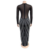 GETADME Elegant Mesh Patchwork Luxury Zip Up Full-Sleeve Evening Party Banquet Prom Long Dress High Waist Slim Elastic Maxi Vestido