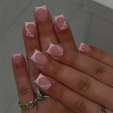 GETADME 24개입 짧은 사각형 가짜 손톱 프렌치 3D 리본 디자인 착용 가능 풀 커버 네일 팁 글리터 엣지 인조 프레스온 가짜 손톱 아트