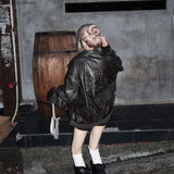 GETADME Sanrio Hello Kitty Black Leather Jacket For Women American Trend Vintage Zipper Coat Cool Pleated Design Niche Motorcycle Jacket