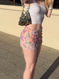 GETADME Weird Puss Colorful Flowers Skirts Women Sequins Patchwork Mesh Summer Trend Sweet Street Party Casual Holiday Chic Mini Bottoms