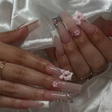 GETADME 24Pcs Brown Long Coffin False Nails Glitter Ballet Wearable with French Design Fake nails Full Press on Nail Ins Nail Tips Art