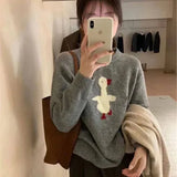 GETADME Women's new wool sweater high-end O-neck embroidered pullover sweater autumn and winter loose fashion shirt casual warm knit top