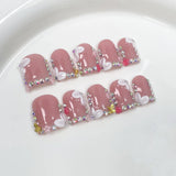 GETADME 10Pcs Pink Handmade Press On Nails Full Cover Bear Heart Design Short Round Rhinestone False Nails Wearable Manicure Nail Tips