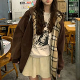 GETADME Brown Zip Up Hoodie Women 2025 Autumn Lattice stitching Long Sleeve Casual Oversized Sweatshirt Solid Jacket Women Clothing