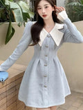 Getadme-Korean Style Blue Mini One Piece Dress Women Japanese Y2k Harajuku Long Flare Sleeve Corset Princess Dresses Winter