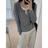 GETADME Y2k Black Fake Two Pieces Long Sleeves Shirt Women Autumn Irregular Patchwork Tops Slim-fit Bottom Knit Shirts Aesthetic Clothes