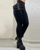 Fashion Women's Trousers Casual Daily High Waist Buckled Skinny Pants Female Clothing Solid Color Knitted Patchwork Pants