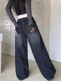 GETADME 여성 소녀 애니메이션 자수 청바지 귀여운 코어 로우 라이즈 그런지 일본 하라주쿠 갸루 Y2K 데님 팬츠 힙합 2000년대 미학 새 상품