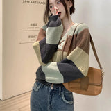 Getadme-Contrast Lace-Up V-Neck Sweater Ladies Preppy Style Basic Long Sleeve Knitted Pullovers Women Autumn Loose Knitwear