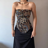 GETADME Retro Ethnic Print Distressed Day Zipper Vest Irregular Slim Fit Strapless Top for Women CrossBorder European And American Style