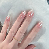GETADME 24Pcs Metallic Cat Eye French Sheer Manicure Tip Art Textured 3D Acrylic False Nails Nude Pink Almond Medium Press on Fake Nails
