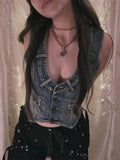 Getadme Women's Blue Denim Vest Sleeveless V Neck Button Closure Irregular Hem Summer Tops for Club Party Denim Vest