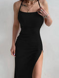 GETADME Sexy Black Long Bodycon Dress Women Summer Sleeveless Blackless Halter Neck Spaghetti Strap Dresses High Split Vestidos