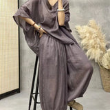 GETADME Loose Ramie Set For Women Large Size With Bat Sleeves V-neck Cotton Linen T-shirt Casual Lantern Pants Two-Piece Set For Summer