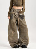 GETADME 2025 American Retro Y2K Style Distressed Khaki Baggy Pleated Women's Jeans Pants Woman Clothing Wide Leg Cotton Long Trousers