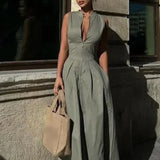 GETADME O Neck Long A-line Dress 2025 Ladies Sleeveless Solid Color Zip Up Commuter High Waist Zipper Maxi Party Dresses