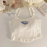 GETADME Women Embroid Letter Tank Tops With Bra Pad Casual Camis Y2K Crop Tops For Women Shoulder Belt Iron Ring Tank Tops