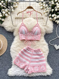 GETADME Beach Vacation Knit 2pcs Suits Women Halter Sleeveless Lace Up Camis+Elastic Waist Shorts Hook Flower Hollow 2pcs Set