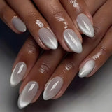 GETADME 24Pcs Metallic Cat Eye French Sheer Manicure Tip Art Textured 3D Acrylic False Nails Nude Pink Almond Medium Press on Fake Nails