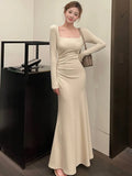 Getadme Elegant Slim Waist Women Mermaid Dress French Square Neck Lady Party Solid Midi Dresses Vintage Long Sleeve Female Clothes