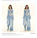 GETADME Women's Denim Cutout One-Shoulder Top Bell Sleeve Ruched Crop Top Y2K Streetwear Fashion