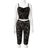 GETADME Sexy Lace Vintage Low Cut Spaghetti Strap Backless Crop Top and High Waist Pants Two Piece Sets Mid-night Skinny Outfits