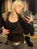 Getadme 2  Y2K Grunge Fur Knitted Jackets Double Zipper Vintage Cropped Coat Women Harajuku Aesthetic Cute Chic Jumpers Korean Outfits New