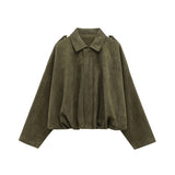 GETADME HH Women Brown Green Suede Jacket Loose Casual Bomber Coat Lapel Zipper Long Sleeve Jackets Vintage Lady Motorcycle Outwears