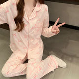 GETADME Printemps et automne nouveaux pyjamas pour femmes ensemble de vêtements de détente fille amour Cardigan pyjamas tissu froissé vê