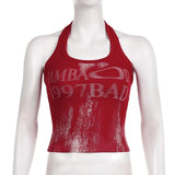 GETADME Retro Monogrammed Choker Vest Polyester Hanging Neck High Street Crop Tops Knit Tank Top Open Back Sexy Backless Red Top Women