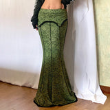 GETADME Darlingaga Vintage Fashion Elegant Green Trumpet Long Skirt Graphic Printed Lace Trim Y2K High Waist Skirt Women 2000s Aesthetic