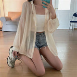 GETADME Shirt for Women Blouse Long Sleeve Top Female Chiffon Loose Cardigan Thin Sexy Solid Color Casual Shirt