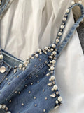 Getadme - Chemisier printemps-automne, style tendance, col à revers, orné de perles, bretelles fines, gilet, ensemble deux pièces, référence C814