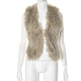 GETADME Sexy Temperament Fluffy Tops For Women High Street Y2K Nightclub Outfits Faux Fur Backless Lacing Solid 2025 Vest Waistcoat