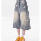 GETADME DM American Vintage Washed Star Denim Shorts Y2k High Waist Straight Wide Leg Jeans 2025 New Loose Knee-Length Pants