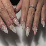 GETADME 24Pcs 3D Strawberry Rabbit Flower Fake Nails Press on Mid-length Almond Wearable False Nails Green Gradient Pearl Manicure Tips