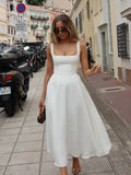 GETADME Women Elegant White Slim Pleated Long Dresses 2025 Spring New Square Neck Sleeveless High Waist Dress Fashion Female Party Robes