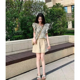 GETADME French Floral Short Sleeve Women's Shirt Summer Ruffle Hem Doll Shirt Chiffon Short Style Flying Sleeve Top