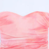 GETADME TRAFZA 여성 비치 스타일 민소매 프린트 드레스 스트랩리스 플리츠 지퍼 여성 여름 스플릿 밑단 얇은 명주 백리스 미디 드레스