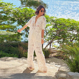 GETADME Women's Lapel Hollow-out Suit Short Sleeve Single Breasted Top Straight Leg Trousers Casual Sets Elegant Female Vacation 2PCS