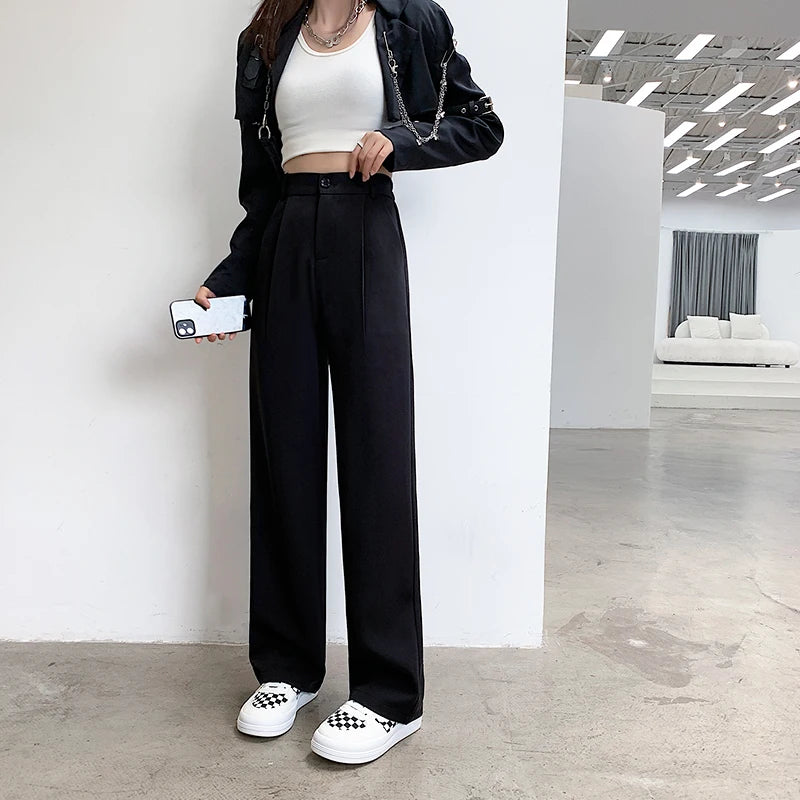 Pantalon tailleur GETADME pour femme, taille haute, longueur au sol, blanc, coupe ample, jambes larges, idéal pour l'automne et l'hiver. Pantalon droit long pour femme, parfait pour le bureau.