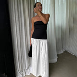 GETADME 섹시 A라인 드레스 여성 여름 신상품 블랙 슬림핏 오프숄더 가슴 드레스 래핑 패션 패치워크 슬리브리스 맥시 드레스