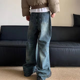 GETADME Korean Version Retro Letter Printed Jeans For Men Loose Straight Leg Wide Leg Pants High Street Hip-Hop Design Casual Pants