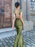 GETADME 2025 Summer Women's Long Dress Turquoise Green V-neck Backless Lace Satin Jacquard Slim Chic Elegant Evening Party Sexy Dresses