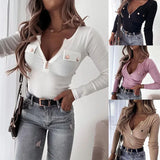 GETADME Woman's Tshirts cheap spring/summer knit solid color long sleeve zipper V neck Ladies Tops t-shirt dropshipping LTHTT7263XH