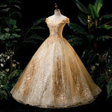 Getadme-Gold Quinceanera Dress Off The Shoulder Party Prom Dress Ball Gown Vintage Lace Quinceanera Gown Plus Size Vestidos