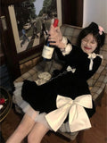 Getadme-Cute Dresses for Women Sweet Peter Pan Collar A-line Black Robe Femme 2024 Vestidos De Mujer Bandage Bow Velvet Vintage Dress