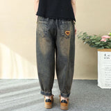 GETADME Vintage style loose Embroidery harem jeans female Casual High Waist Pockets Denim Pants women pring summer women pants