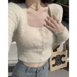 GETADME Fuzzy Knit Crop Top Cardigan for Women Teen Girl Long Sleeve Button Up Fitted Sweater Soft Plush Knitwear Fall Winter Y2K Outfit