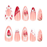 GETADME 24pcs Cute Pink Strawberry Press on Nails Spice Girl Almond Shaped Fake Nail Tips Full Cover Wearable Sweet Korean False Nails